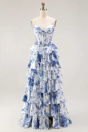 White Blue Floral Corset A Line Tiered Long Formal Dress with Slit